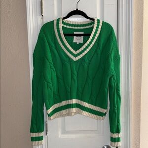 aerie Green Cable-Knit V-Neck Sweater with Ivory Trim